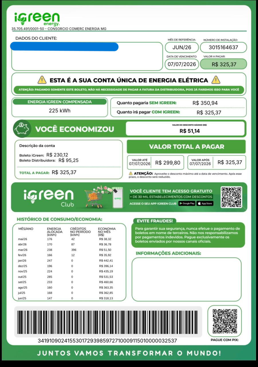 Exemplo Real de Conta de Luz iGreen Energy